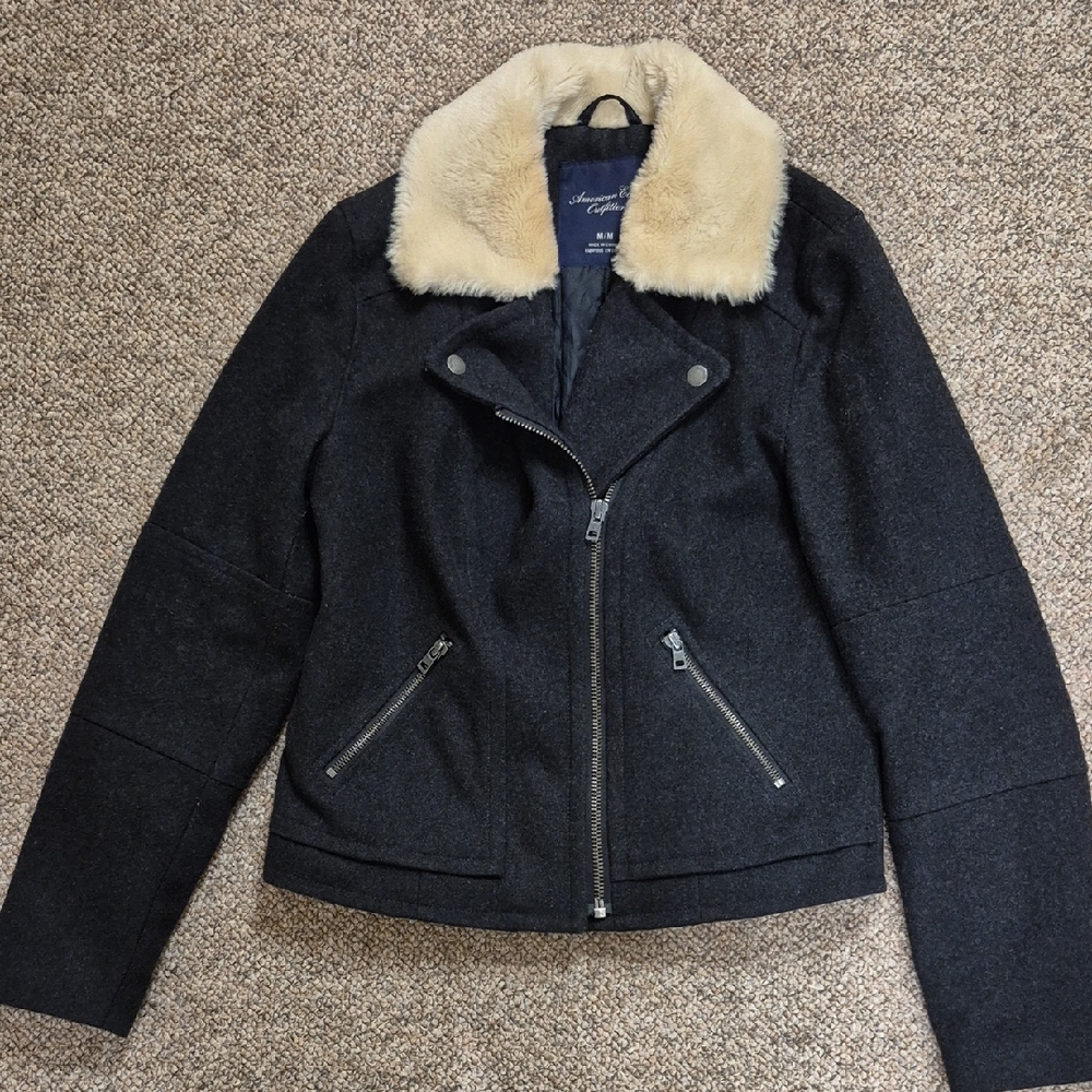 American Eagle Women's Dark Gray Wool-blend Jacket with Faux Fur Collar Size Med